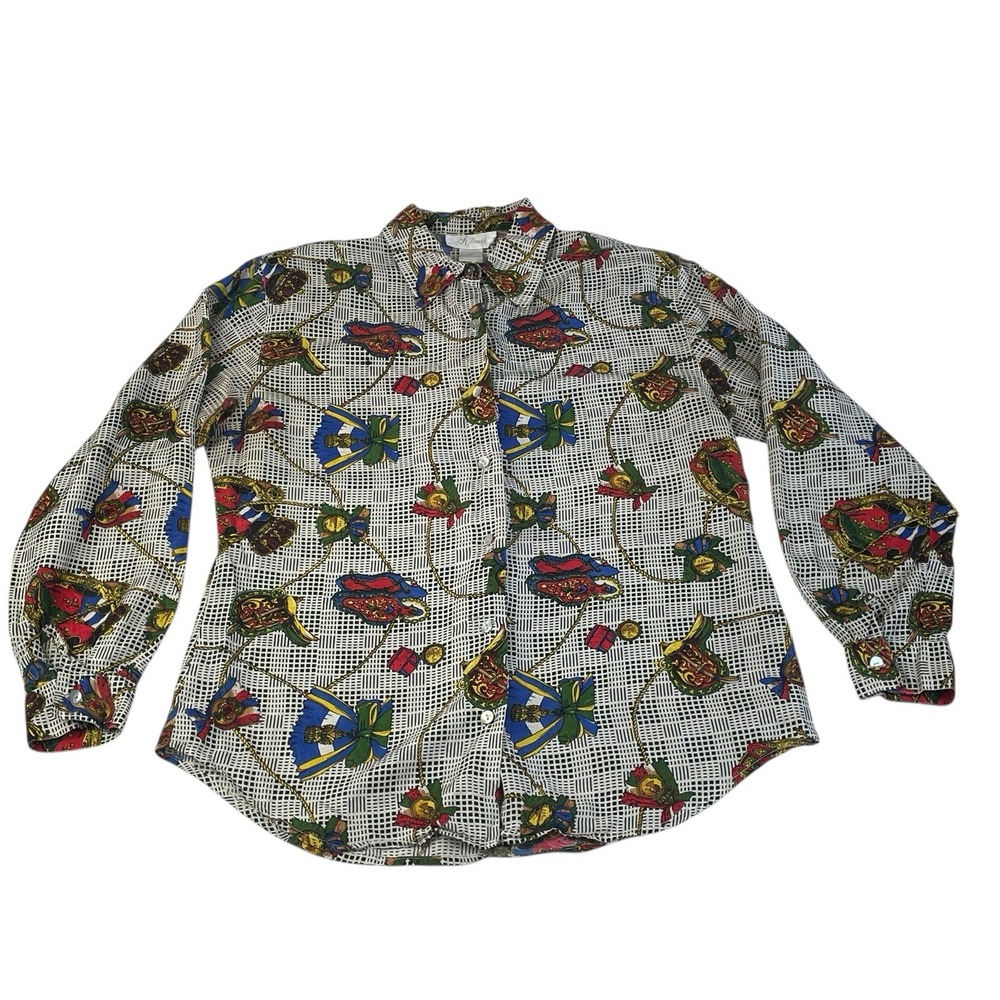 K Arnold 100% Silk Chain Print Button Down Blouse Women's M‎